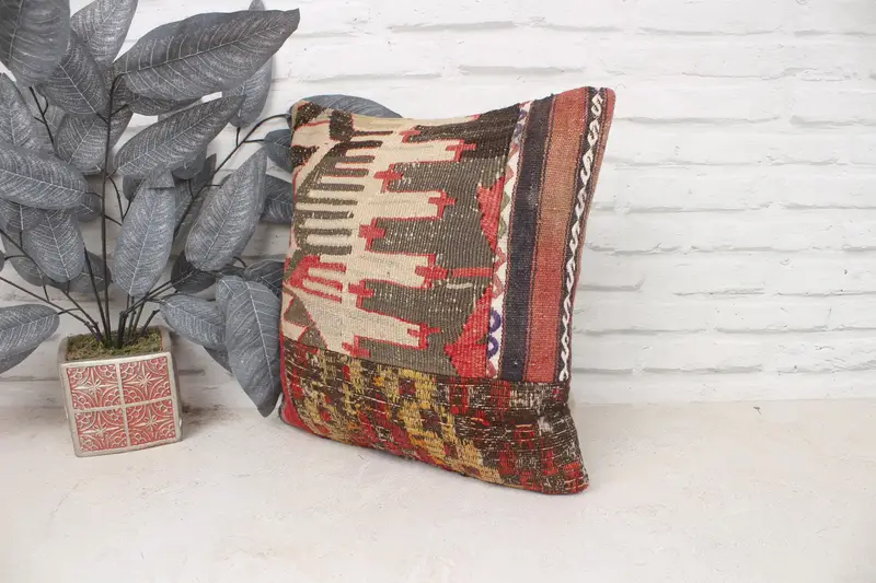 16x16 Beige Cushion Case, Ethnic Pillow Case, Office Chair Pillow Cover, Pillow, Boho Pillow, Kilim Pillow, Kilim Cushion Sham - 4
