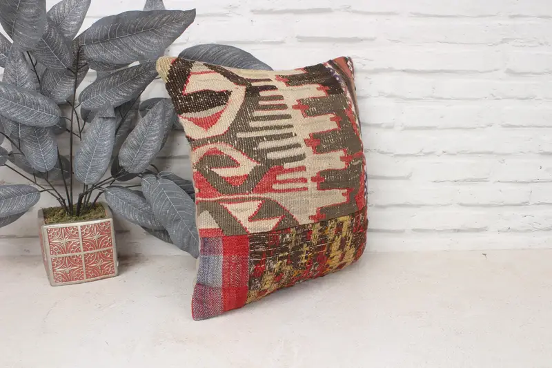 16x16 Beige Cushion Case, Ethnic Pillow Case, Office Chair Pillow Cover, Pillow, Boho Pillow, Kilim Pillow, Kilim Cushion Sham - 3