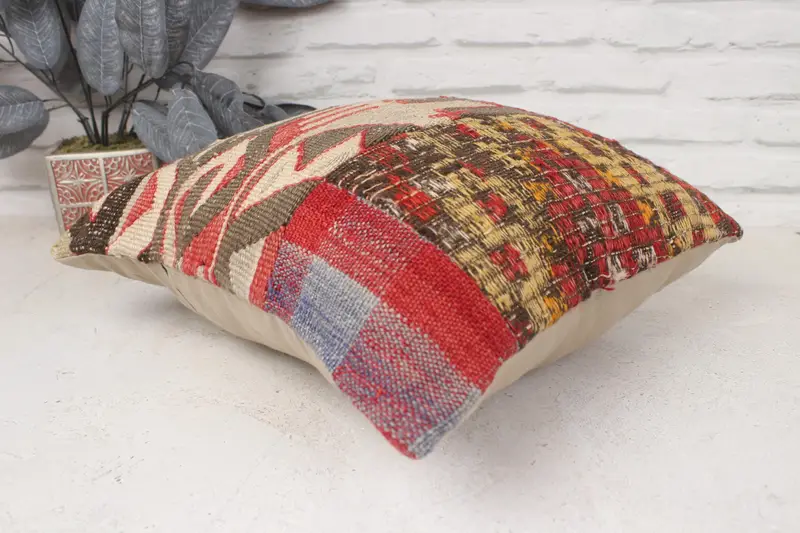 16x16 Beige Cushion Case, Ethnic Pillow Case, Office Chair Pillow Cover, Pillow, Boho Pillow, Kilim Pillow, Kilim Cushion Sham - 6