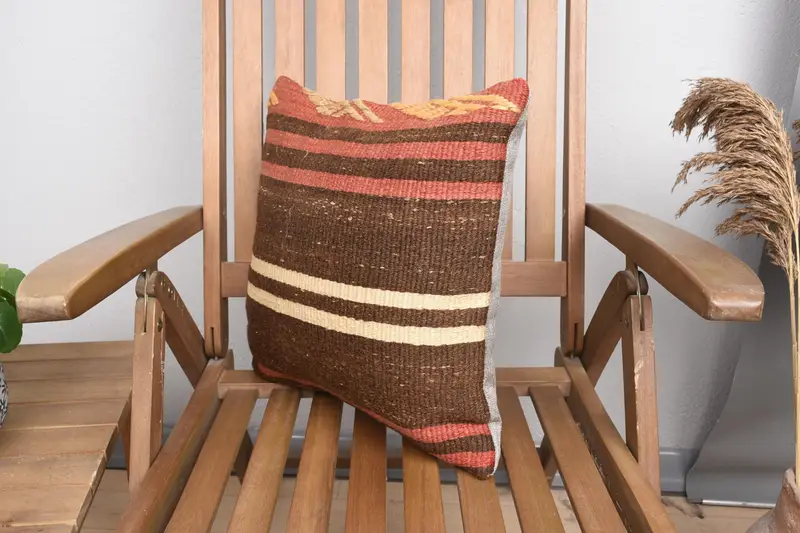 Kilim Pillow, 16x16 Orange Pillow Case, Cushion Case, Ethnical Kilim Rug Pillow, Vintage Kilim Throw Pillow, Ethnic Pillow Cover Pillow Cover - 3