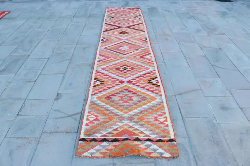 Vintage Kilim Runner Rug 2.4x12.5 ft (73x381 cm), Turkish Orange Animal Print Wool Rug - 1