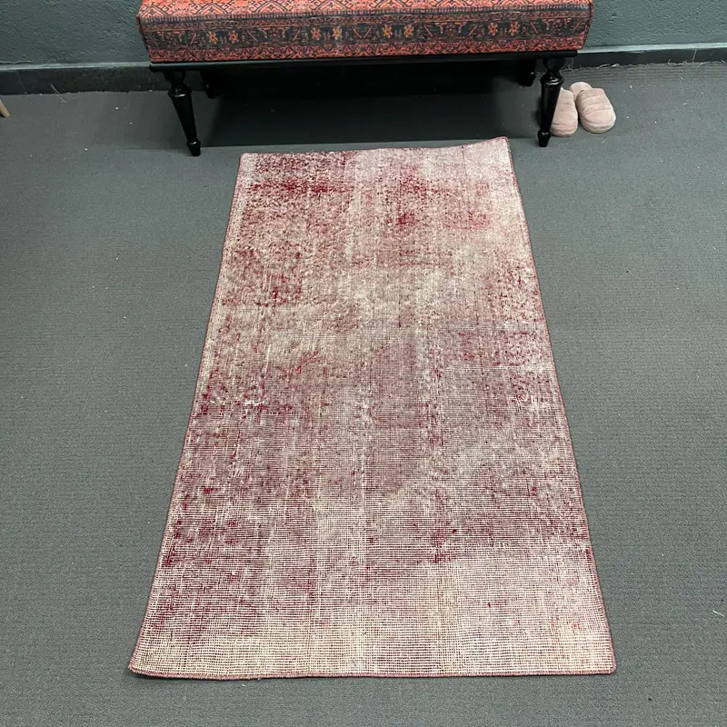 Vintage Rug, Small 2.8x5.2 ft Turkish Rug, Red Solid Wool Rug - 1