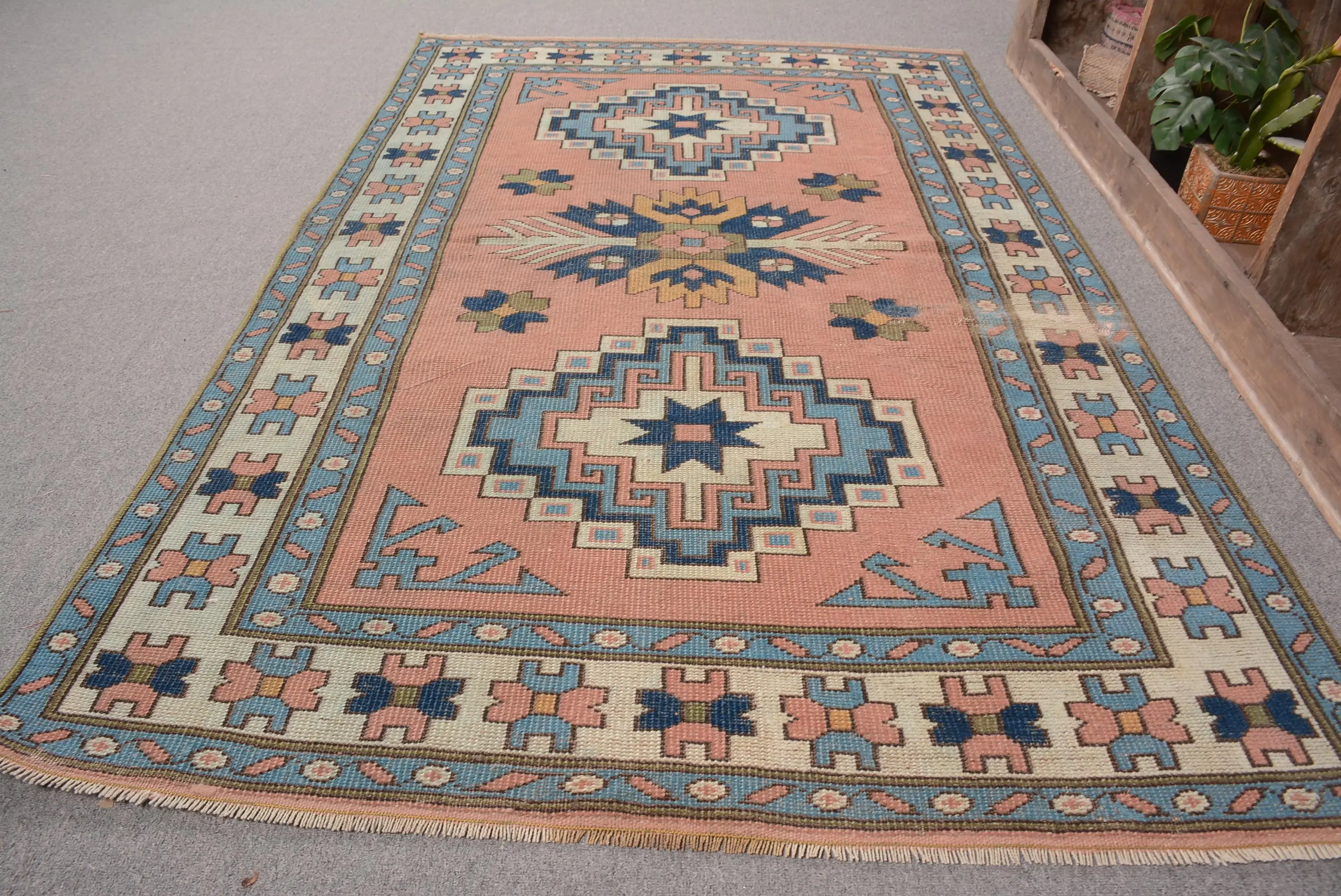 Vintage Turkish Rug 4.2x6.3 ft, Blue Bordered Rug - 1