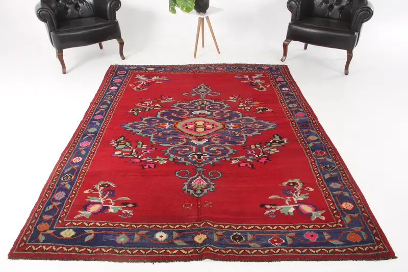 Turkish Vintage Rug 6.1x8 ft, Oushak Red Floral Wool Rug - 1