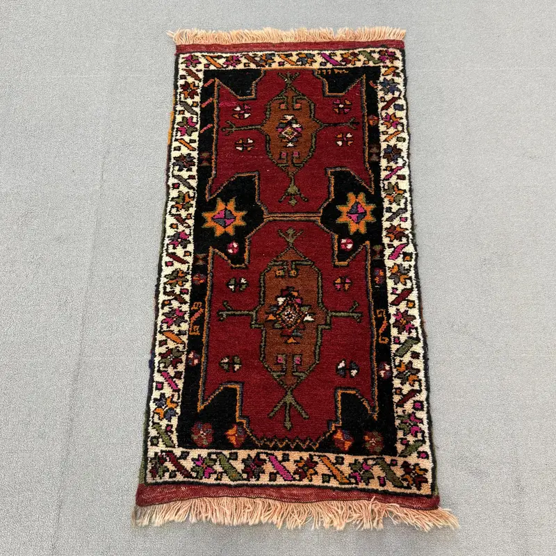 1.7x3.3 ft Turkish Small Rug, Red Black Vintage Polka dot Wool Rug - 1