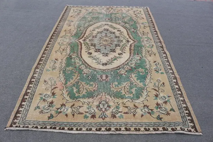 Vintage Teppich, großer 5,4x9 ft Teppich, grüner Blumenteppich - 1