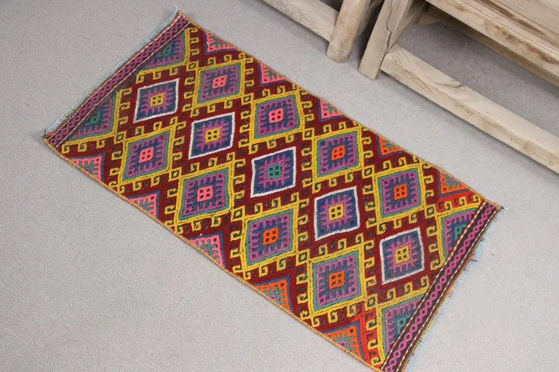 1.5x2.6 ft Kilim Halı, Vintage Türk Halısı, Kırmızı Mavi Güneybatı Halısı - 1