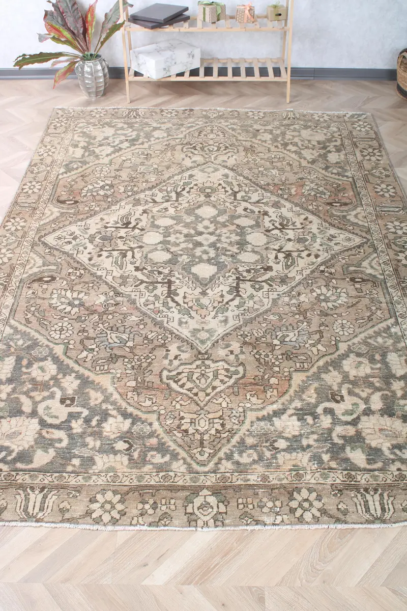 Türk Halısı, Büyük 6.4x9.4 ft Vintage Halı, Kahverengi Gri Ombré Yün Halı - 1