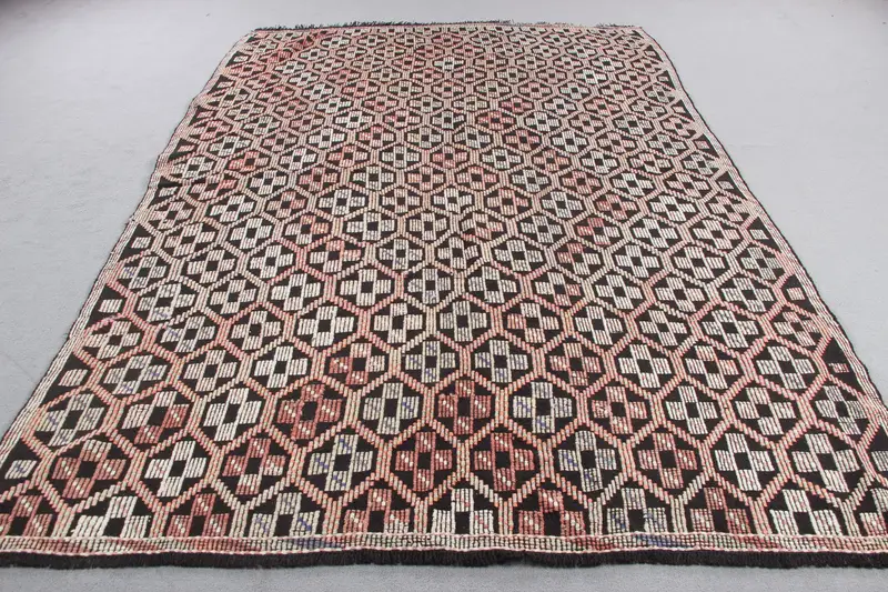 Vibrant Orange & Green Rug, 6,9x9,6 ft Patchwork Design