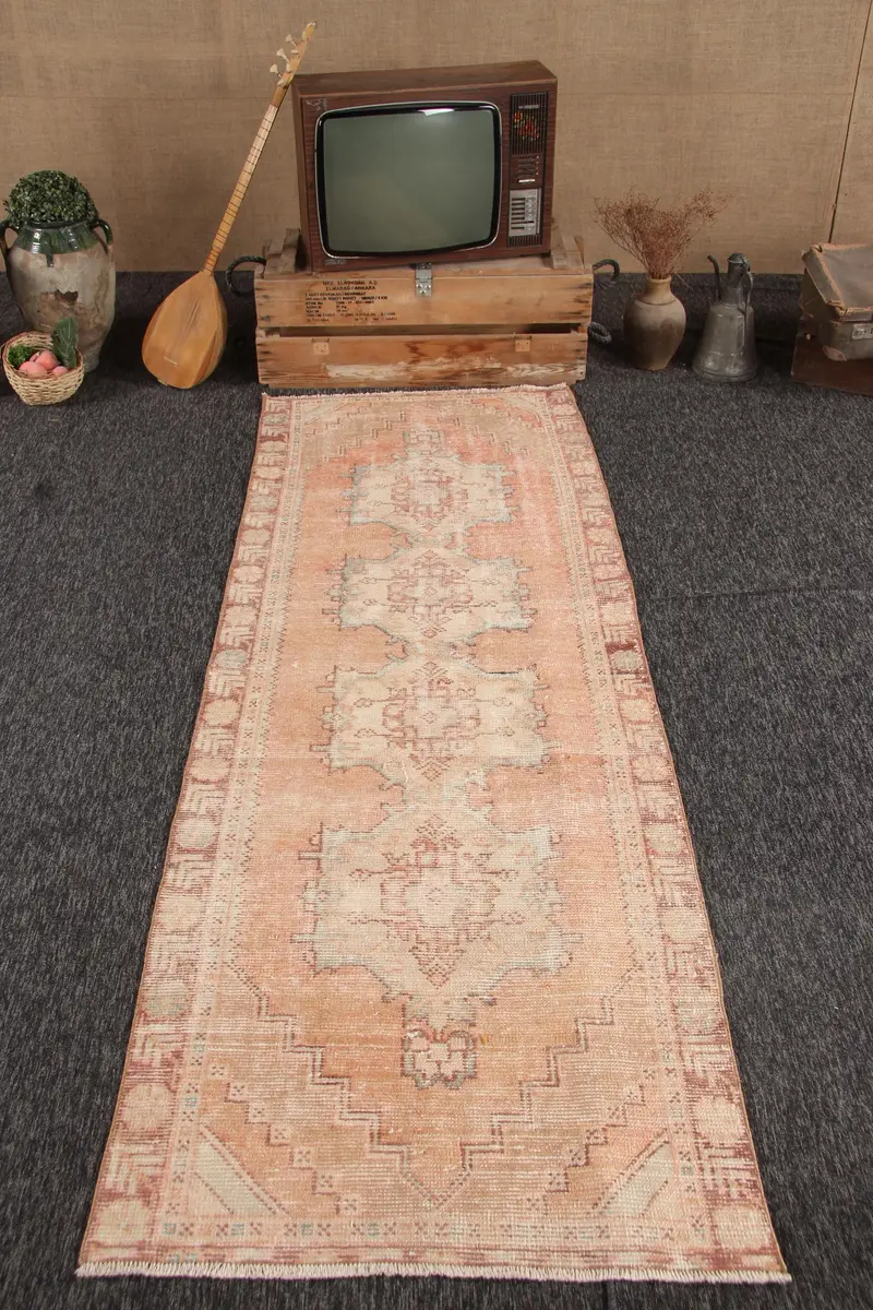 Vintage Rug, 3.1x9 ft Runner Turkish Rug, Oushak Orange Brown Rug - 1