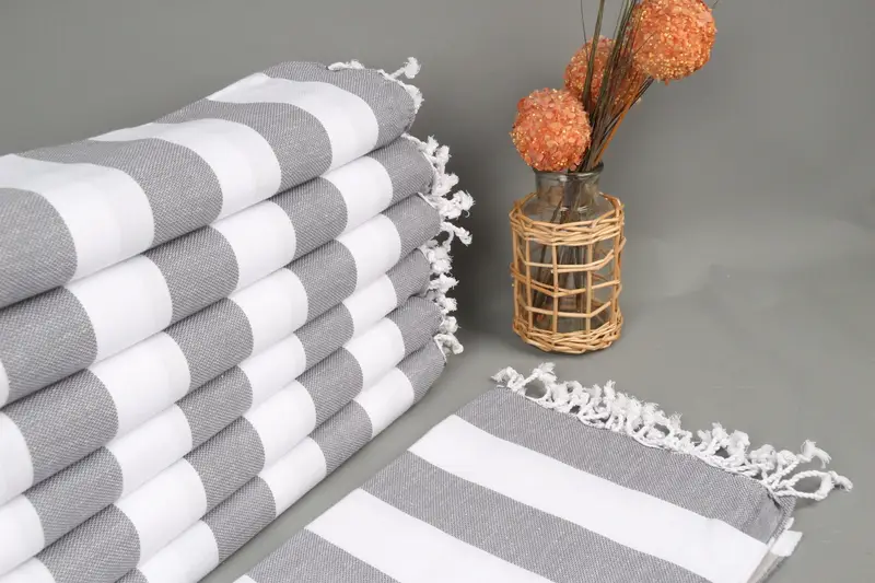 Embroidered Beach Towel Gray Striped Organic Cotton, 40x71 Inches