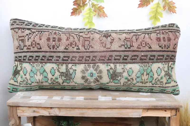 Bolster Throw Pillow Sham, Turkish Pillow, Pillow Case, Handmade Rug Seat Pillow, Turkish Kilim Pillow, 16x36 Green Pillow, Kilim Pillow Cover - 2