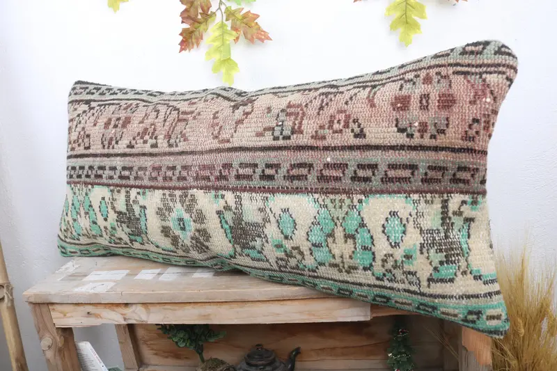 Bolster Throw Pillow Sham, Turkish Pillow, Pillow Case, Handmade Rug Seat Pillow, Turkish Kilim Pillow, 16x36 Green Pillow, Kilim Pillow Cover - 4