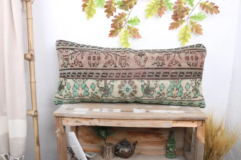 Bolster Throw Pillow Sham, Turkish Pillow, Pillow Case, Handmade Rug Seat Pillow, Turkish Kilim Pillow, 16x36 Green Pillow, Kilim Pillow Cover - 1