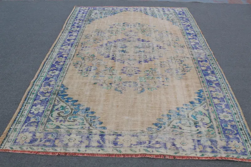 Vintage Turkish Oushak Rug 6.2x8.9 ft (190x270 cm), Blue Ikat Wool Rug - 1