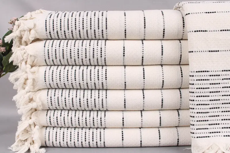 Wholesale Navy Throw Striped Blanket, 91x97 Inches, Handwoven Organic Turkish Cotton