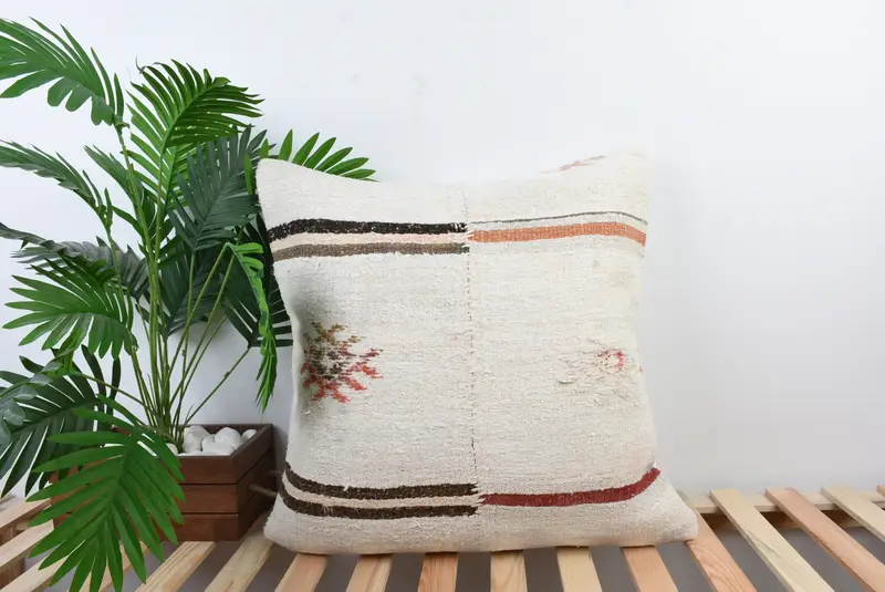 Handwoven Pillow Cover Pillow Sham, Pillow Case, Home Decor Pillow, Turkish Bench Pillow, 24x24 White Cushion, Vintage Kilim Pillow, Pillow for Sofa - 1