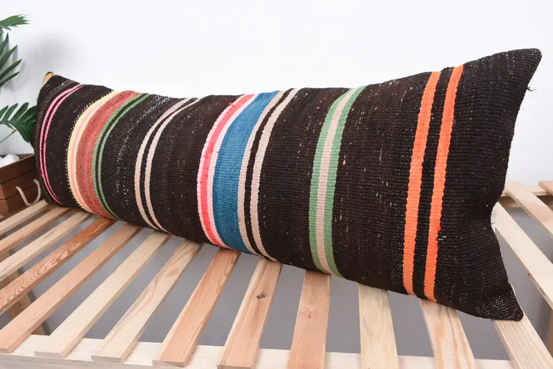 Turkish Kilim Pillow, Vintage Kilim Pillow, Pillow Cover, Patio Cushion, Gift Pillow, Floor Pillow, 16x48 Brown Pillow Cover - 5