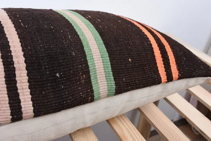 Turkish Kilim Pillow, Vintage Kilim Pillow, Pillow Cover, Patio Cushion, Gift Pillow, Floor Pillow, 16x48 Brown Pillow Cover - 7