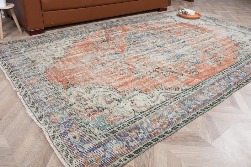 5.3x8.6 ft Large Turkish Rug, Vintage Rug, Orange Blue Camouflage Wool Rug - 1