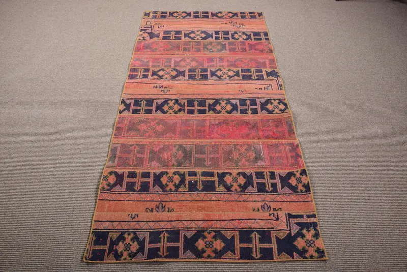 オレンジ&ブルーのパッチワークラグ、3.1x6.5フィートの鮮やかな装飾