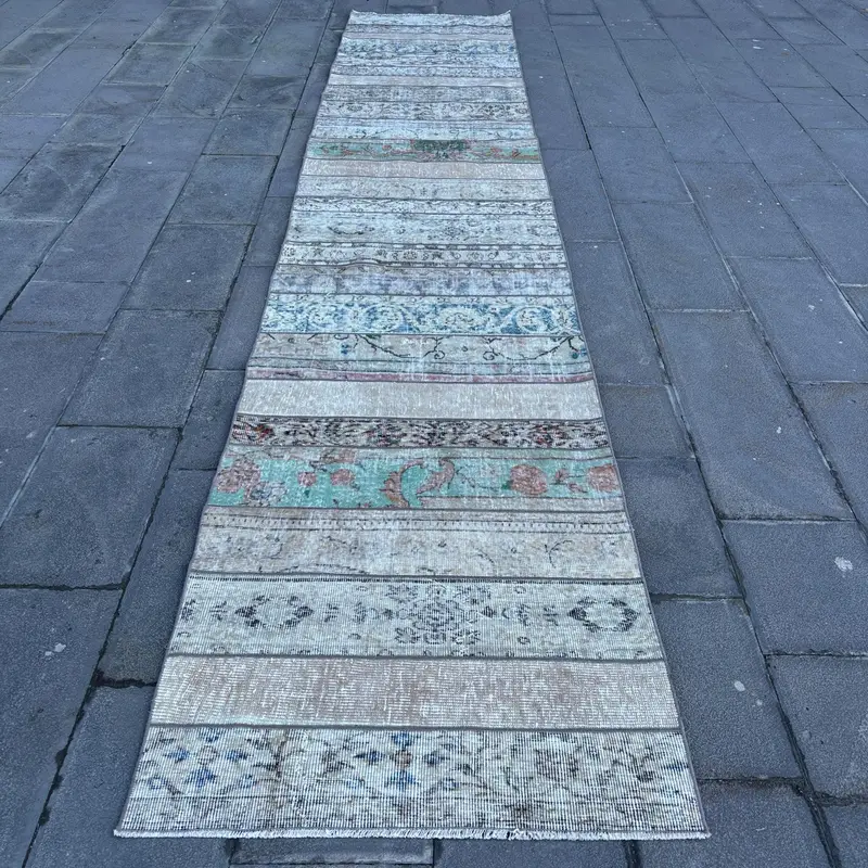 Turkish Oushak Rug 3x15.1 ft, Blue White Abstract Wool Vintage Rug - 1
