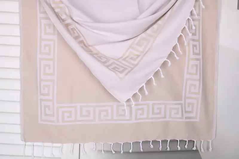 Turkish Beach Towel Beige Cotton Patterned, 40x71 Inches