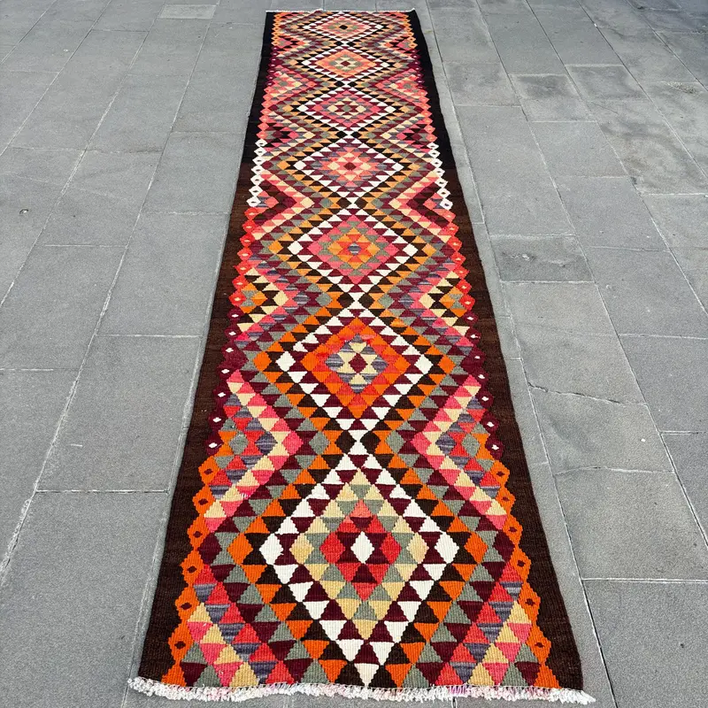 Mor Oryantal Halı, 2,7x12,2 ft Zarif Mor-Kahverengi Dekor