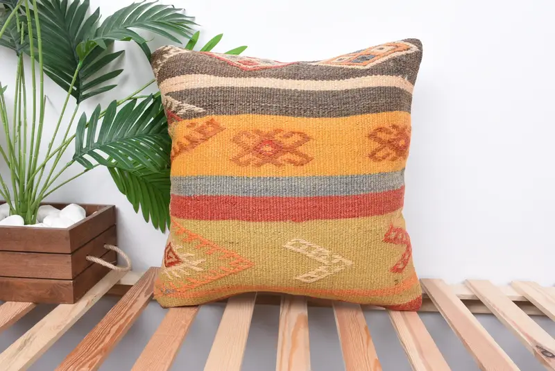 Handmade Kilim Cushion, Pet Pillow Cover, Pillow Case, 18x18 Orange Cushion, Throw Kilim Pillow, Vintage Pillow, Bright Pillow Case - 1