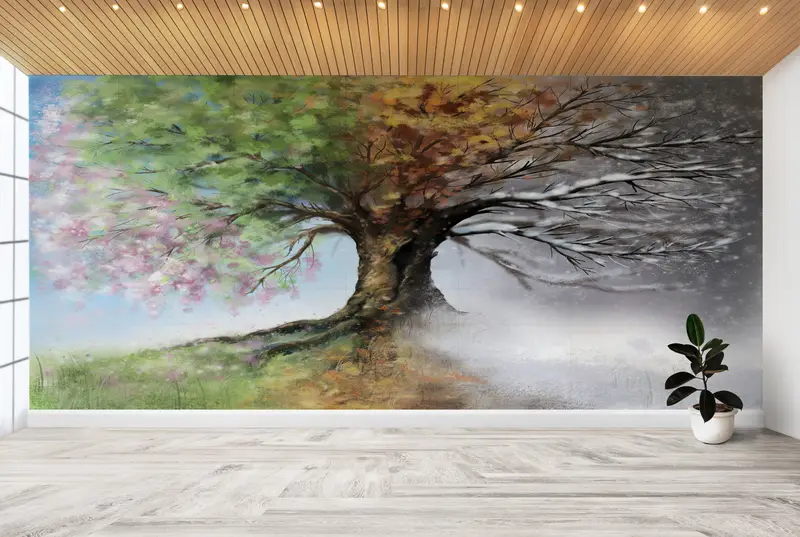 Elegante bedruckte Tapete: Modernes abstraktes Frühlingsbaum-Design