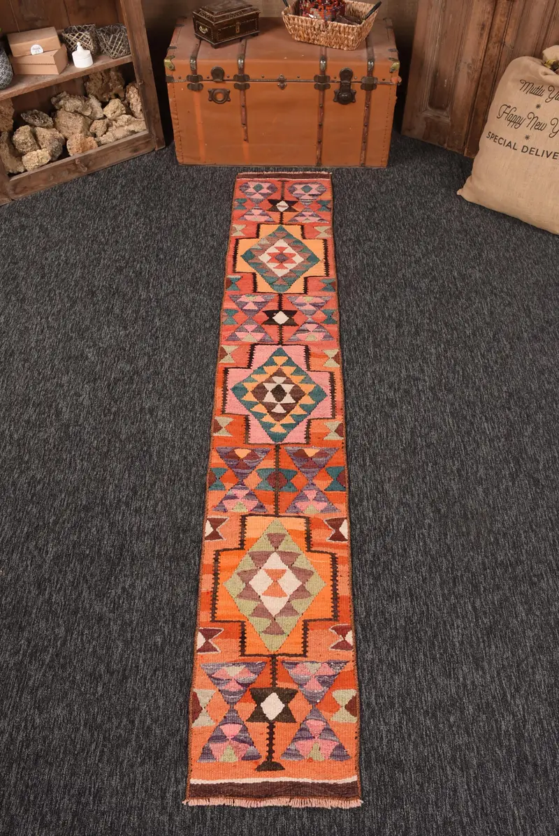 Turkish Vintage Runner Rug 1.4x8.6 ft (43x262 cm), Orange Solid Kilim Rug - 1