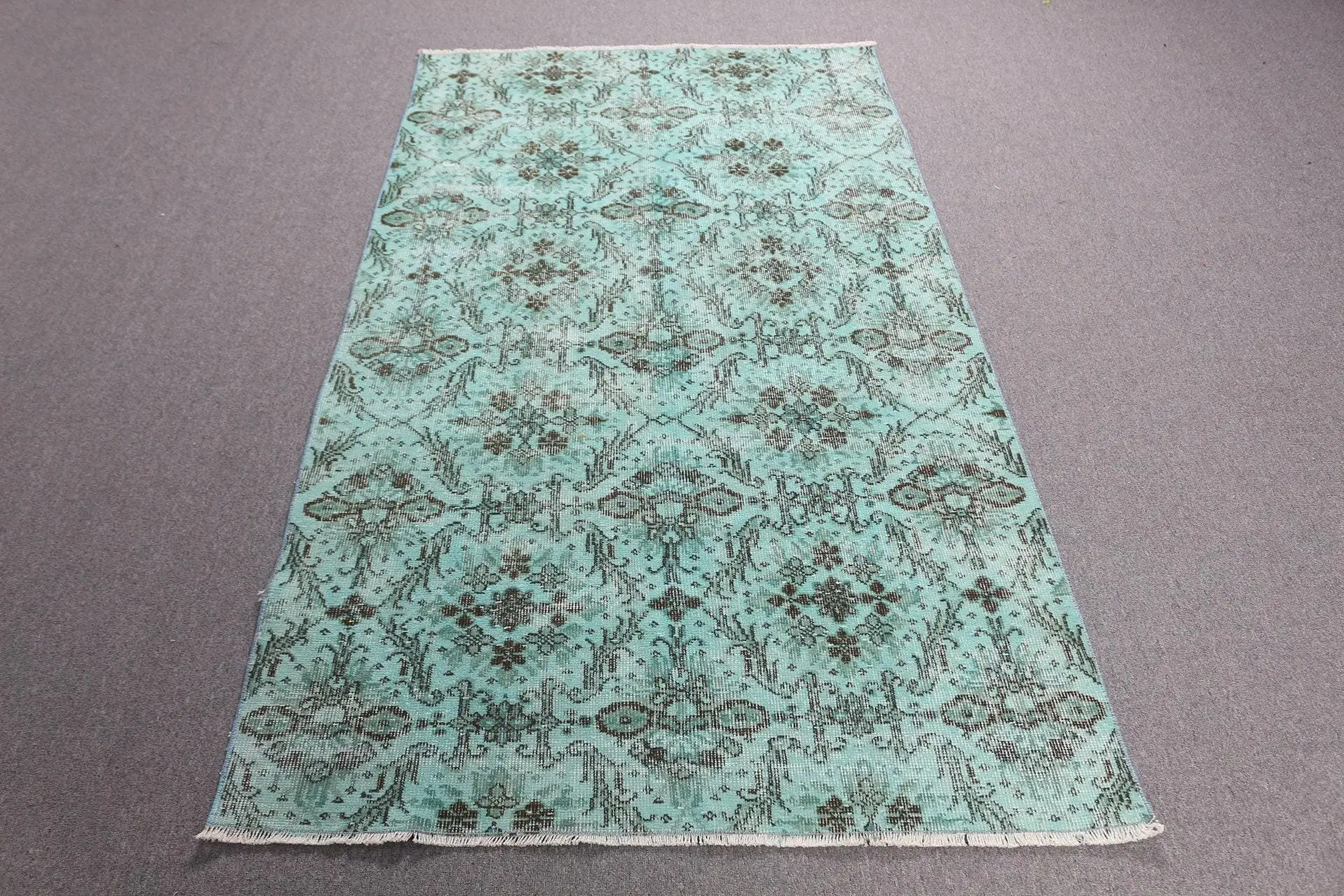 Turkish Area Rug 3.9x6.7 ft, Blue Floral Vintage Wool Rug - 1