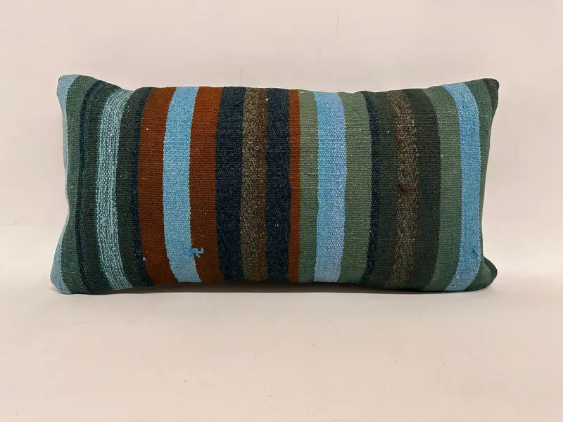 Ethnical Kilim Rug Pillow, Kilim Cushion Sham, Cushion Case, 12x24 Blue Cushion Case, Indoor Cushion Case, Custom Cushion, Gift Pillow - 1