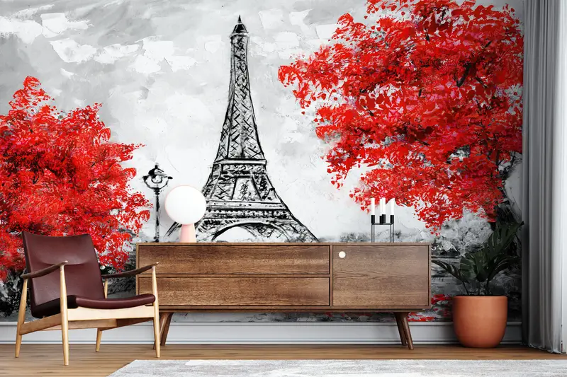 Red Leaves Wall Paper, Paris Wall Decor, Landmark Wallpaper, France Wallpaper, Red Tree Wall Mural, Travel Mural, City Mural, - 8