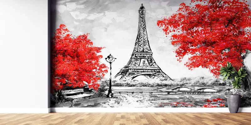 Red Leaves Wall Paper, Paris Wall Decor, Landmark Wallpaper, France Wallpaper, Red Tree Wall Mural, Travel Mural, City Mural, - 1