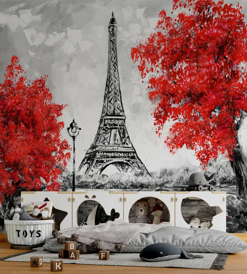 Red Leaves Wall Paper, Paris Wall Decor, Landmark Wallpaper, France Wallpaper, Red Tree Wall Mural, Travel Mural, City Mural, - 2