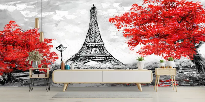 Red Leaves Wall Paper, Paris Wall Decor, Landmark Wallpaper, France Wallpaper, Red Tree Wall Mural, Travel Mural, City Mural, - 7