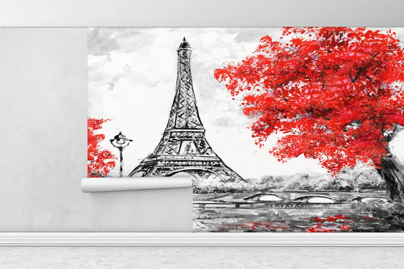 Red Leaves Wall Paper, Paris Wall Decor, Landmark Wallpaper, France Wallpaper, Red Tree Wall Mural, Travel Mural, City Mural, - 5