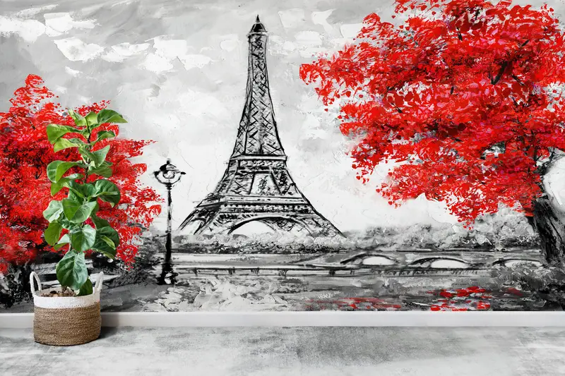 Red Leaves Wall Paper, Paris Wall Decor, Landmark Wallpaper, France Wallpaper, Red Tree Wall Mural, Travel Mural, City Mural, - 6