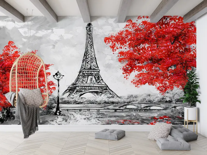 Red Leaves Wall Paper, Paris Wall Decor, Landmark Wallpaper, France Wallpaper, Red Tree Wall Mural, Travel Mural, City Mural, - 3