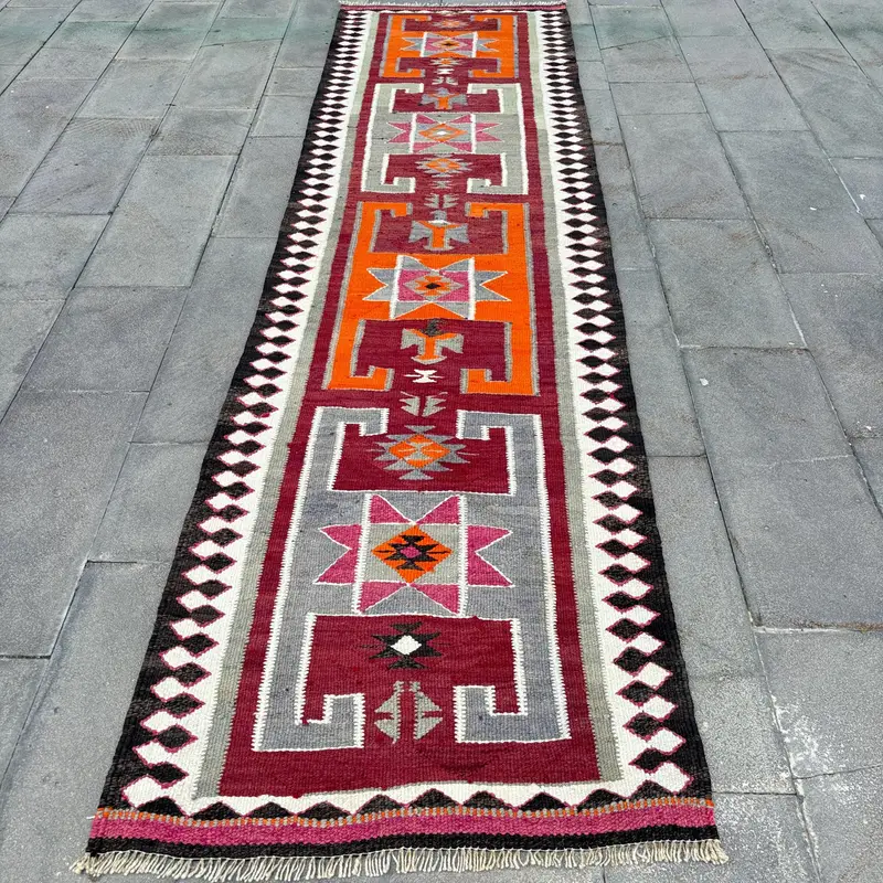 Mor İran Halısı, Turuncu Desenli 3x11,2 ft