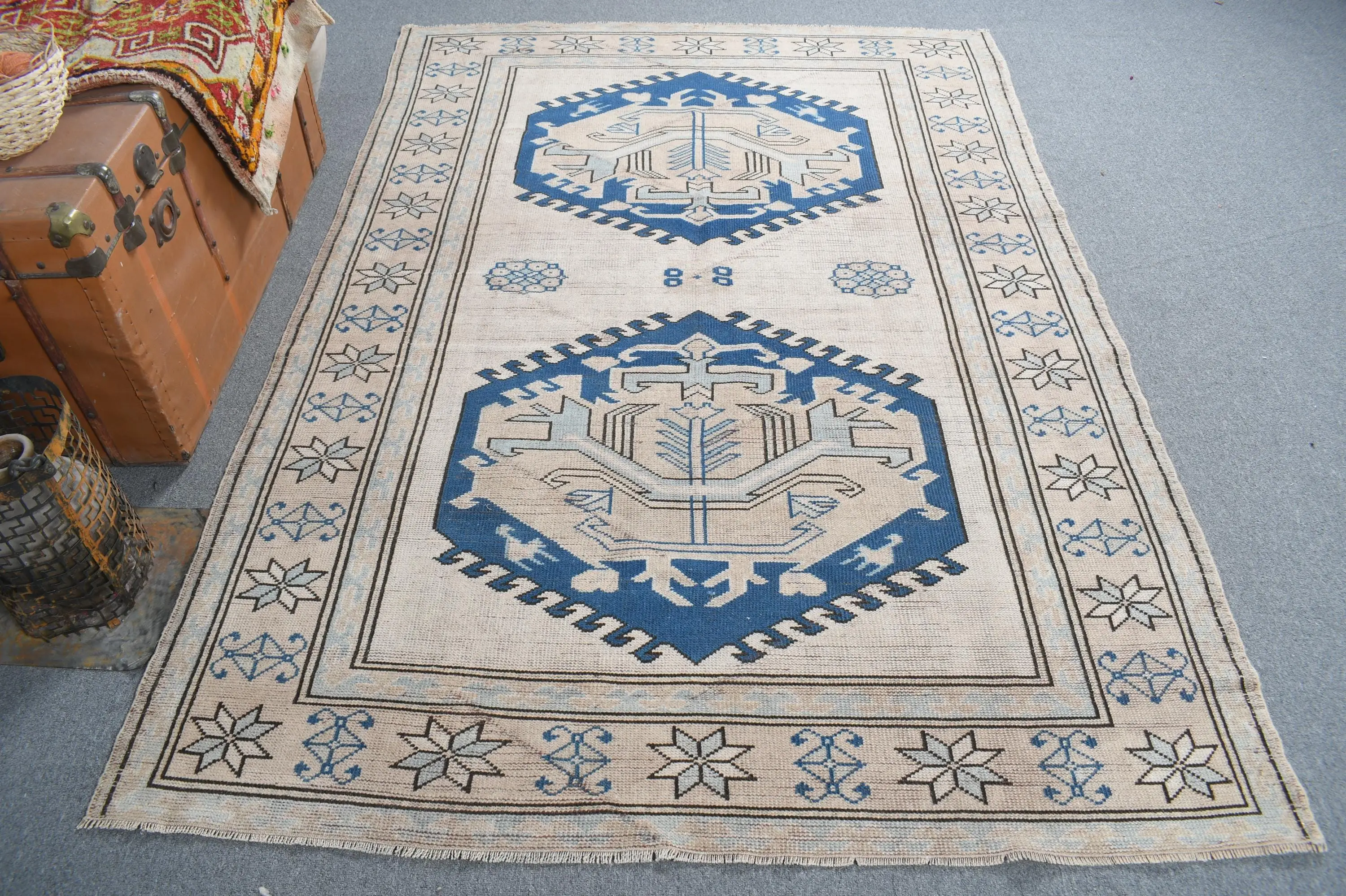 5.1x7.4 ft Rug, Turkish Vintage Rug, Blue Polka dot Rug - 1