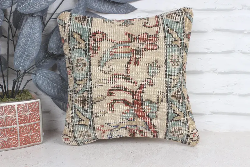 Gift Pillow, Floor Pillow Cover, Pillow, Rustic Pillow Case, Ethnical Kilim Rug Pillow, 12x12 Beige Cushion Cover, Pillow for Sofa, Tribal Pillow - 1