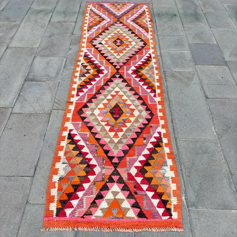 Canlı Turuncu Halı, 2,6x9,1 ft İran Desenli