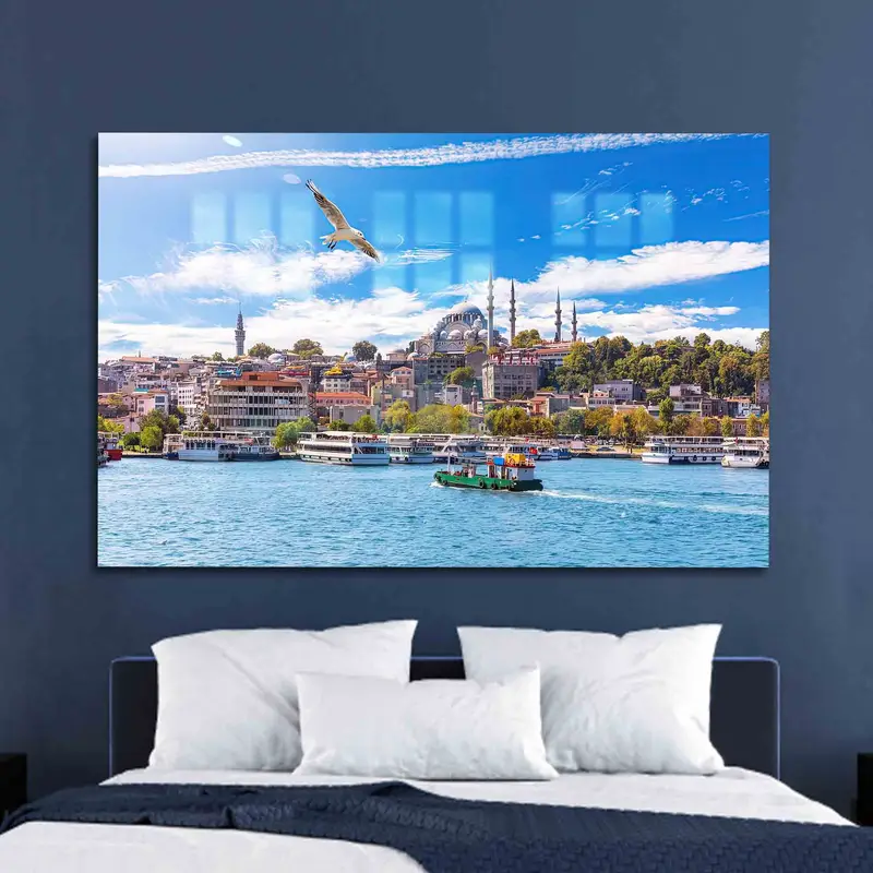 Elegant Printed Glass: Istanbul Seascape & Mosque Design