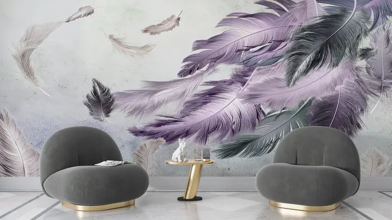 Bright Wall Paper,Purple And Gray Feather Painting,Wall Paper Peel and Stick,Purple Wallpaper,3d Wall Paper,Soft Tones Wallpaper, - 4