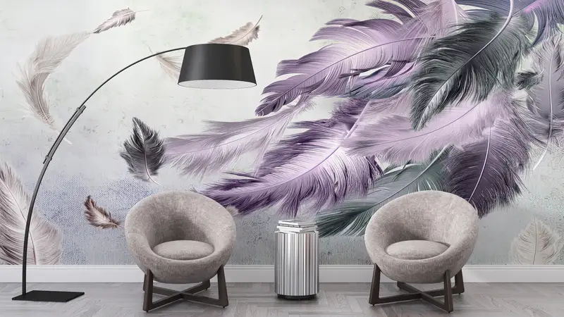 Bright Wall Paper,Purple And Gray Feather Painting,Wall Paper Peel and Stick,Purple Wallpaper,3d Wall Paper,Soft Tones Wallpaper, - 6