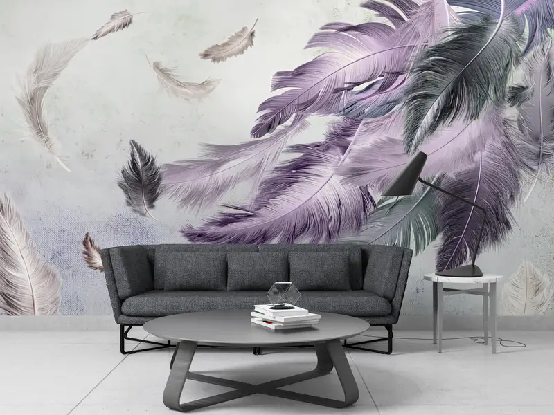 Bright Wall Paper,Purple And Gray Feather Painting,Wall Paper Peel and Stick,Purple Wallpaper,3d Wall Paper,Soft Tones Wallpaper, - 5