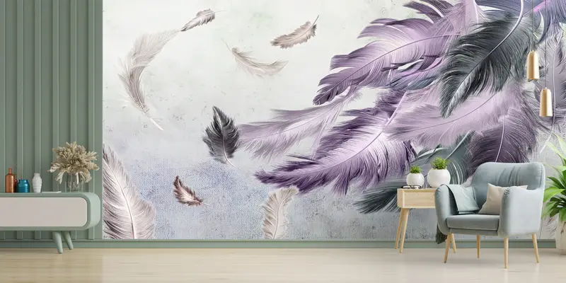 Bright Wall Paper,Purple And Gray Feather Painting,Wall Paper Peel and Stick,Purple Wallpaper,3d Wall Paper,Soft Tones Wallpaper, - 7