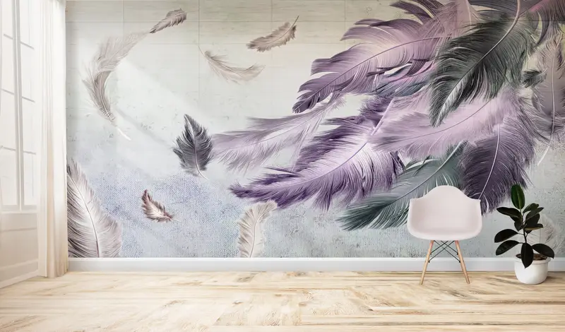 Bright Wall Paper,Purple And Gray Feather Painting,Wall Paper Peel and Stick,Purple Wallpaper,3d Wall Paper,Soft Tones Wallpaper, - 3